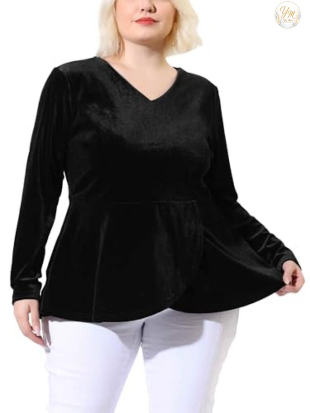 Plus Size Retro Velvet Top V Neck Tulip Hem Long Sleeve Peplum Blouse